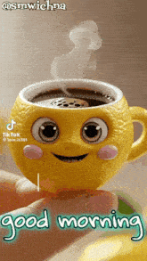 a person is holding a cup of coffee that looks like a lemon with a face on it