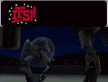 buzz lightyear and woody from toy story are standing in front of a sign that says " it 's time "