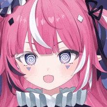a close up of a pink haired anime girl with a hypnotic look on her face