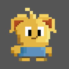 a pixel art drawing of a yellow animal with a blue shirt on