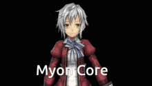 a girl with green hair is giving a peace sign in front of an explosion with the words myon core written on the bottom