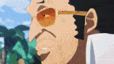 a close up of a man 's face wearing sunglasses and a white shirt