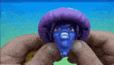 a person is holding a purple toy with a purple hat