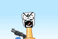a cartoon character is holding a gun with a smiley face