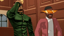 a cartoon of a man in a green jacket and another man in a pink jacket