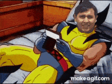 a cartoon of a man in a wolverine suit reading a book