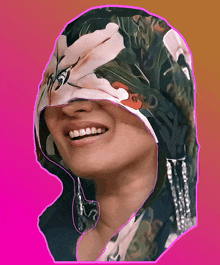 a painting of a woman with a floral scarf on her face