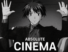 a poster for absolute cinema shows a man with his hands up in the air