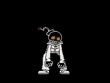 a pixel art of a person with a bomb on their head and orange eyes .