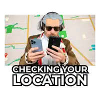 a man wearing headphones and sunglasses is looking at his phone with the words checking your location below him