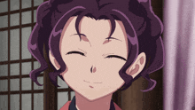 a woman with purple hair is smiling and looking at the camera
