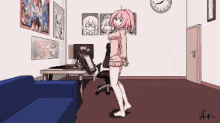 a pixel art of a girl dancing in a room with a clock on the wall