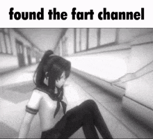 a black and white photo of a girl sitting on the floor with the words `` found the fart channel '' below her .