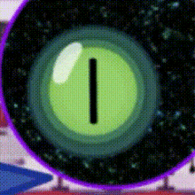 a green eye with a black line in the middle of it