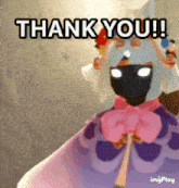 a cartoon character says thank you while wearing a purple cape