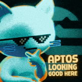 a cartoon cat wearing sunglasses with the words " aptos looking good here " below it