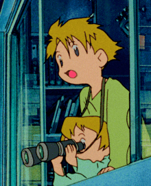 a cartoon of a boy looking through binoculars while another boy watches