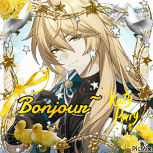 a picture of a man with long blonde hair is surrounded by flowers and ducks and says bonjour