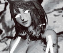 a black and white photo of a naked anime girl with white eyes