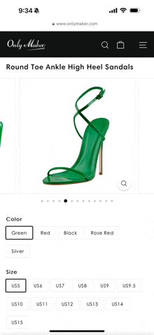 a screenshot of a website shows a pair of green high heel sandals .