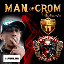 a poster for man of crom indonesia with a skull on it
