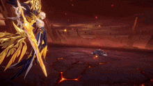 a video game character is holding a sword in a dark room