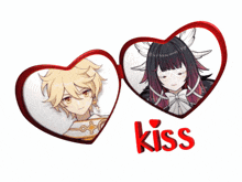 a boy and a girl in heart shaped frames with the word kiss in red