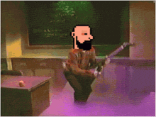 a pixel art of a man playing a guitar in front of a blackboard