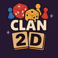 a logo for clan 2d with dice and pieces on a dark background