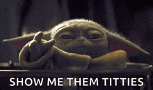 a close up of a stuffed animal with the words `` show me them titties '' .