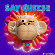 a cartoon monkey with a camera around his neck and the words say cheese below it