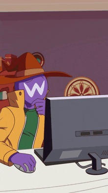 a cartoon character with the letter w on his face is looking at a computer