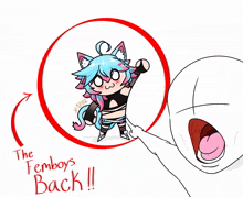 a drawing of a girl with the words " the femboys back " written on the bottom