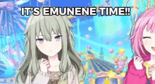 two anime girls are standing next to each other in front of a ferris wheel and a carnival .