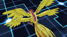 a yellow bird with purple and orange feathers is flying over a blue grid
