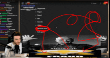 a man is sitting in front of a computer screen with a drawing of a man and the words absolute fraud