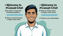 a cartoon illustration of a man with the words welcome to # casual-chat