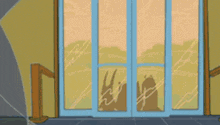 a cat and a dog are looking out of a doorway