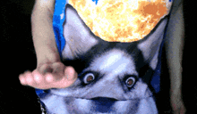 a person wearing a blue shirt with a husky dog on it