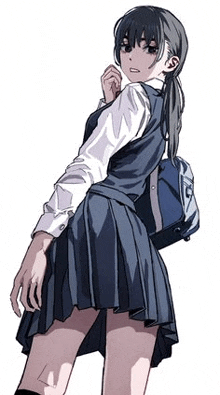 a girl in a school uniform is holding a backpack and looking back .