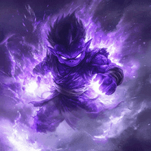 a cartoon character with purple hair is surrounded by purple fire