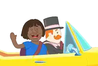 a man in a top hat is driving a yellow car next to a woman
