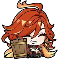 a cartoon girl with red hair is holding a wooden bucket .