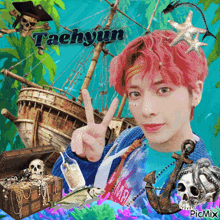 a picture of a young man with red hair and the name taehyun on it