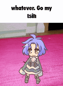 a cartoon of a girl standing on a pink rug with the words whatever go my tsih