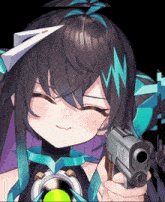 a girl with black hair is holding a gun
