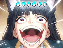 a girl with a cat ear is making a funny face with her mouth wide open