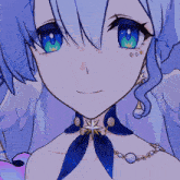 a close up of a girl 's face with blue hair