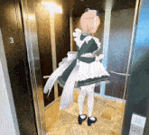 a girl in a maid outfit is standing in an elevator with the number 3 on the door
