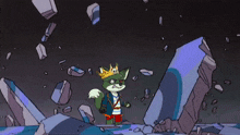 a cartoon of a fox wearing a crown standing in front of a rock wall